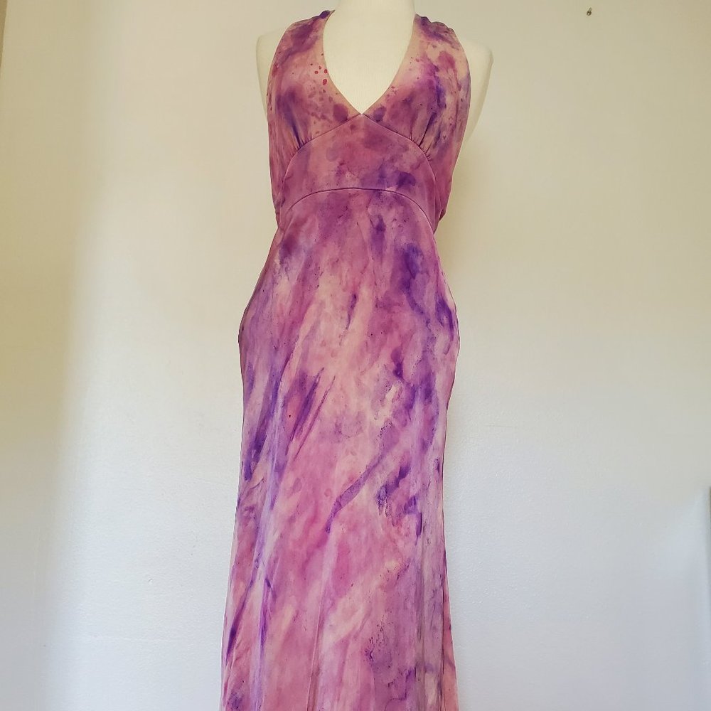Silk Short midi halter Dress 6 8 10 bridesmaid party tiedyed painted purple pink